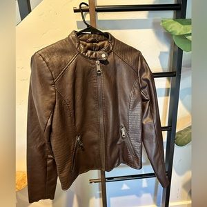 Chocolate brown leather jacket with ribbed details